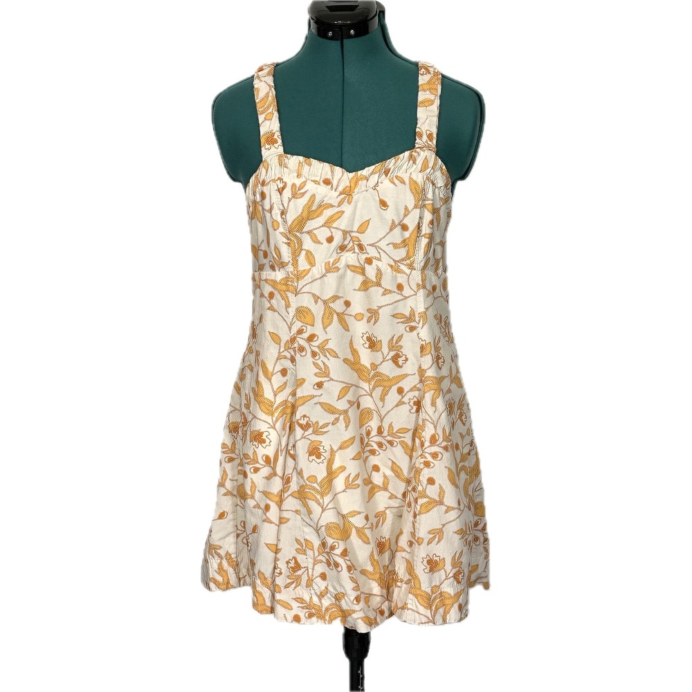 Maeve Anthropologie Sweetheart Mini Dress Floral Smocked Back Small Cream Yellow